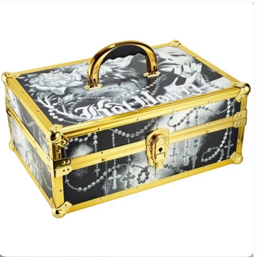 Kat Von D Black & White Tattoo Makeup Train Case with Gold Hardware and Lock